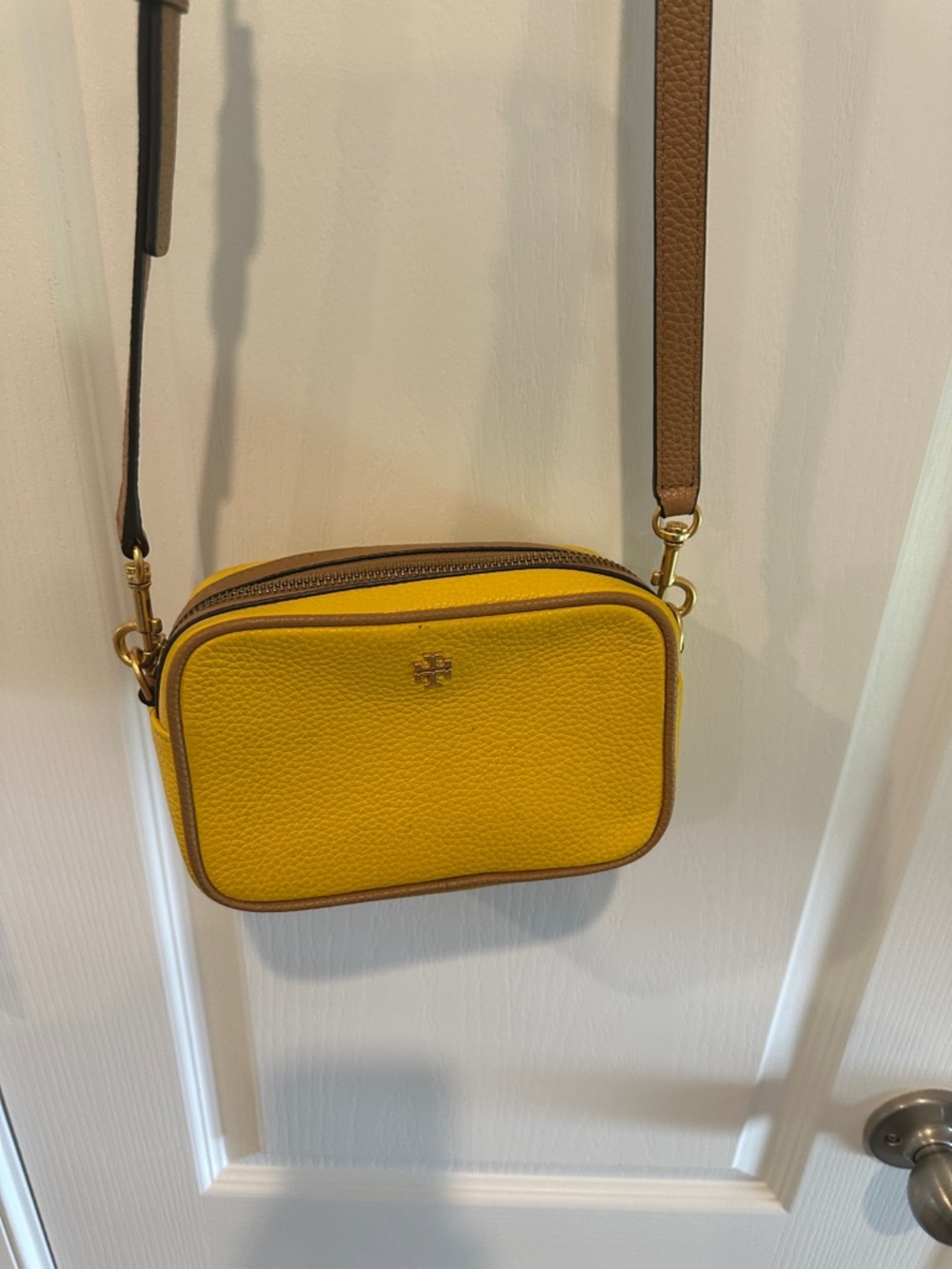 Tory Burch Yellow Pebbled Leather Crossbody with Brown Trim